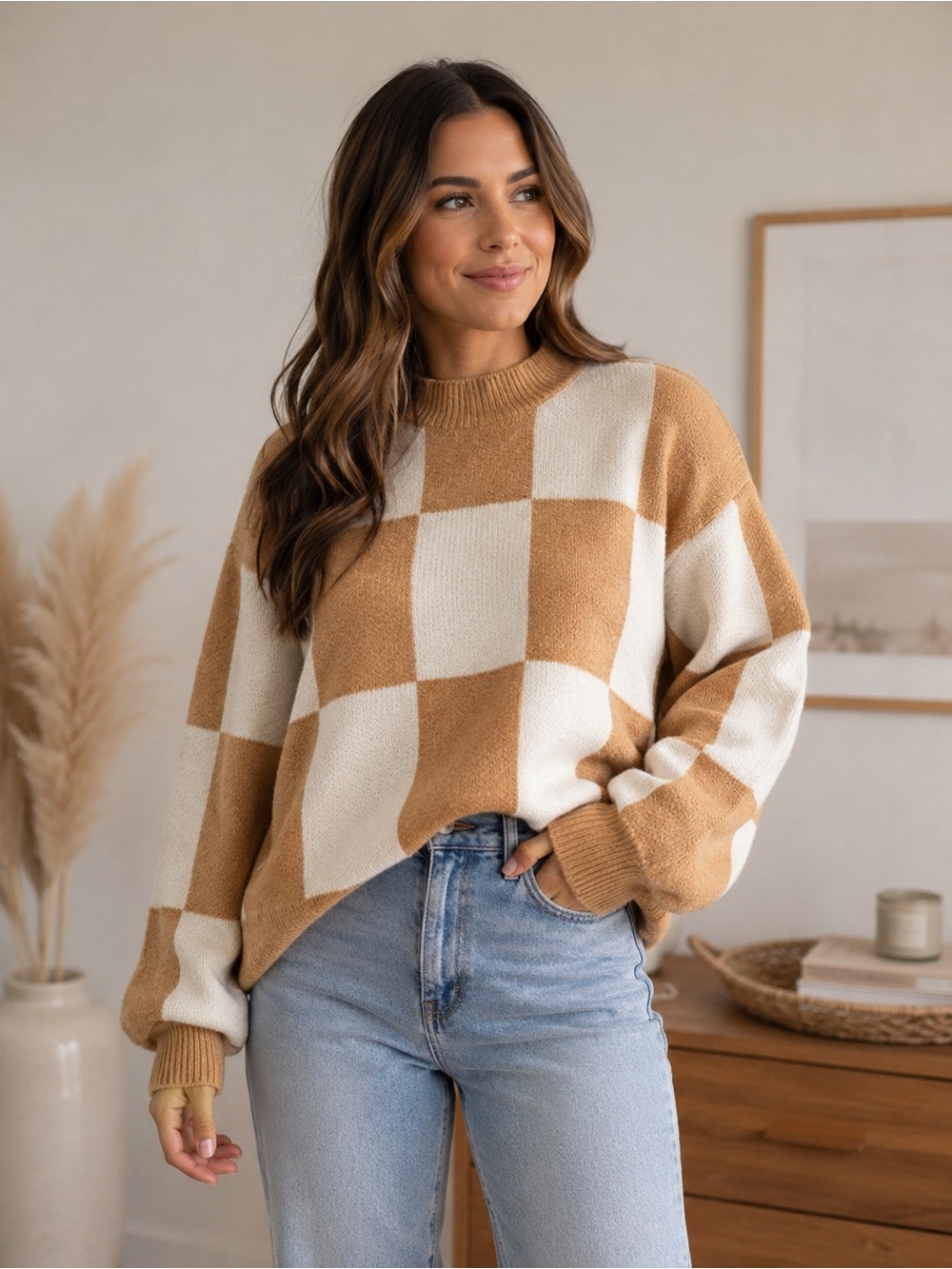 Camel & Cream Checkerboard Knit Sweater Size Large | Cozy Oversized Fall Winter